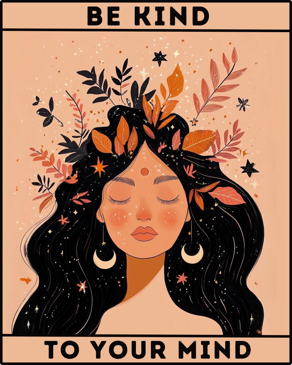 A paint-by-numbers kit depicting a woman with celestial symbols and autumn leaves in her hair, surrounded by floral designs and the phrases 'BE KIND' and 'TO YOUR MIND' at the top and bottom.