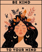 A paint-by-numbers kit depicting a woman with celestial symbols and autumn leaves in her hair, surrounded by floral designs and the phrases 'BE KIND' and 'TO YOUR MIND' at the top and bottom.