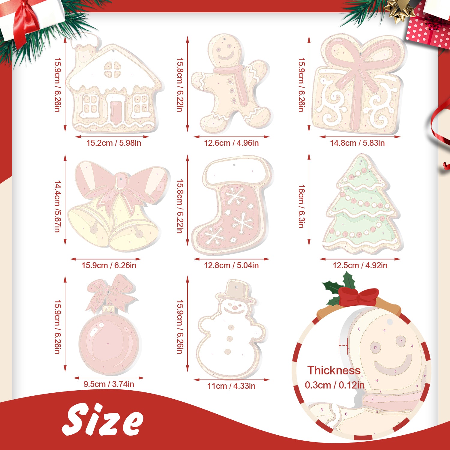 Illustrations d'emporte-pièces sur le thème de Noël avec mesures sur fond blanc.