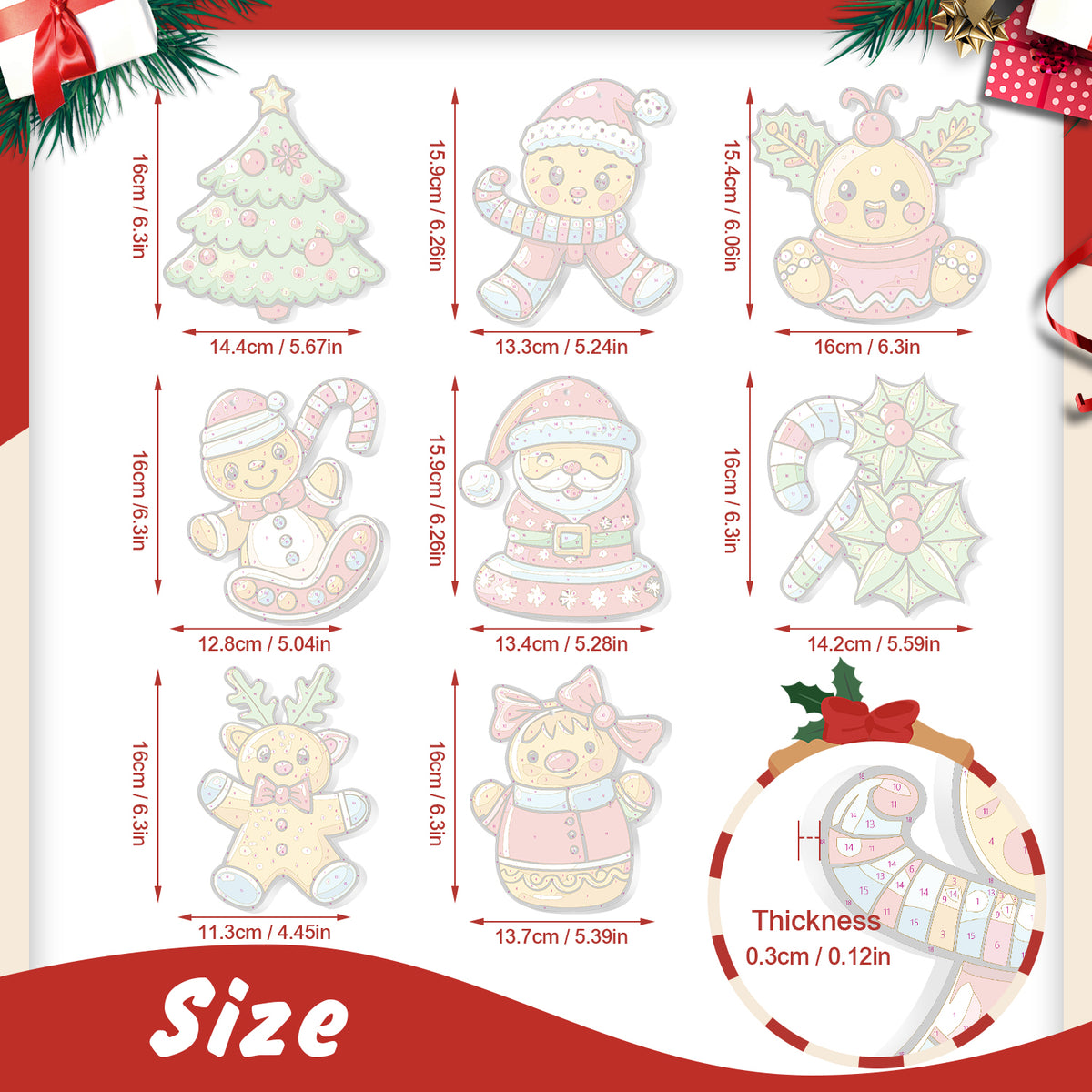 Illustrations of Christmas-themed stickers with dimensions and thickness details on a white background.