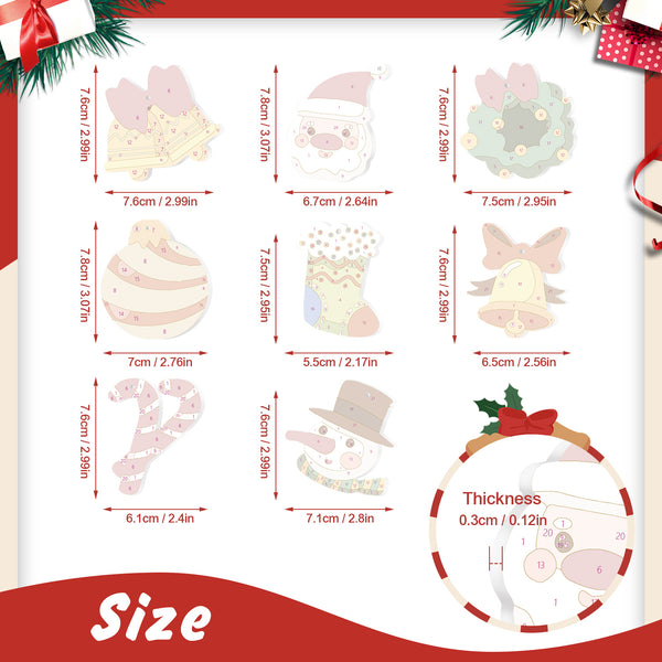 Measurement chart for Christmas-themed stickers with dimensions and thickness details.