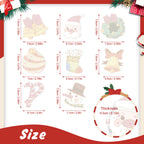 Measurement chart for Christmas-themed stickers with dimensions and thickness details.