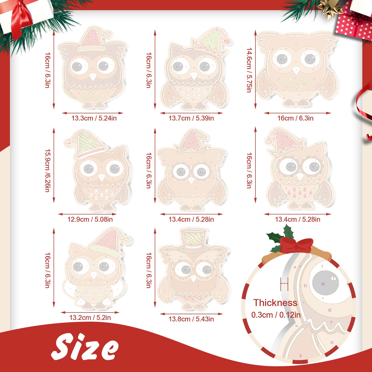 Measurement chart of Christmas-themed owl decorations with dimensions and thickness.