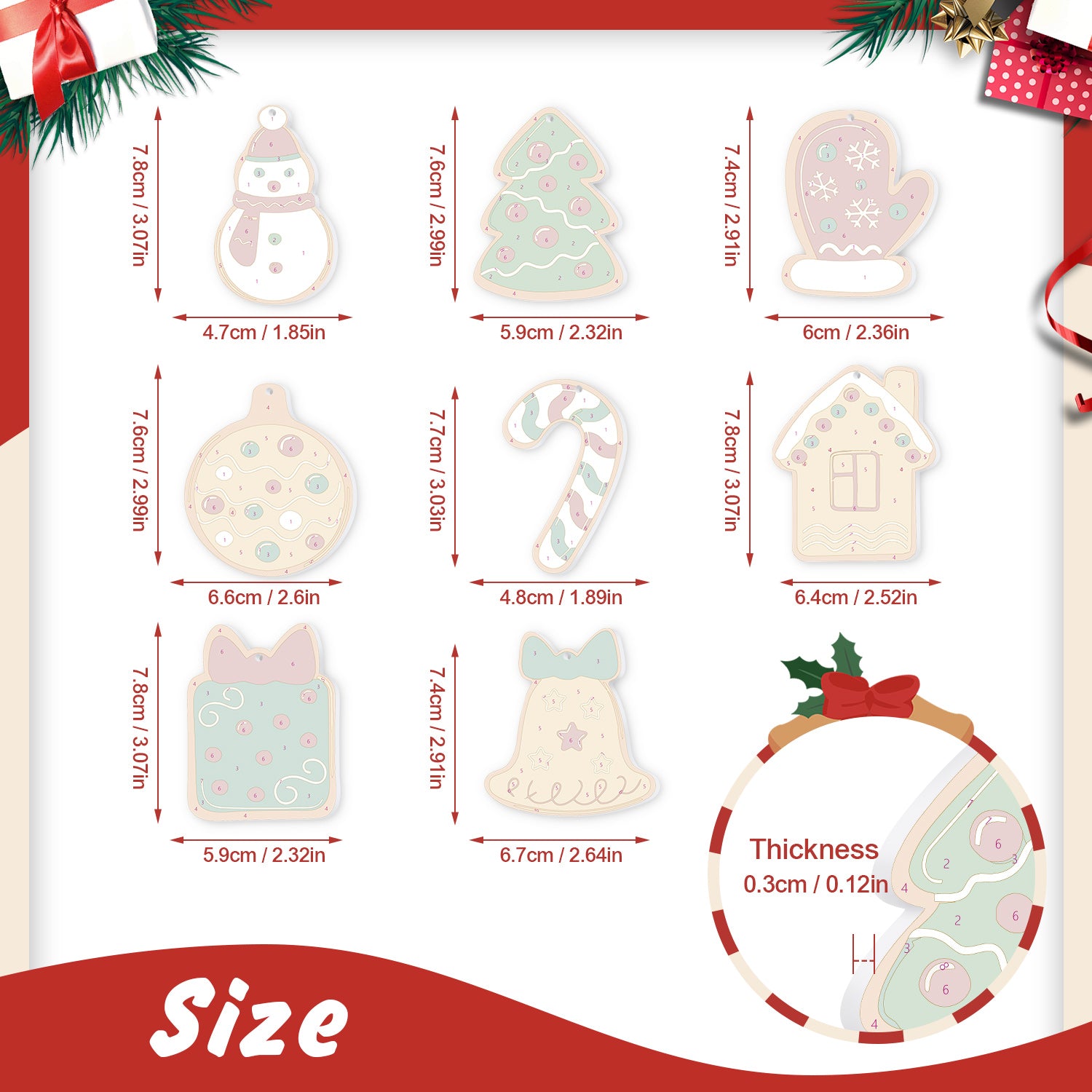 Measurement chart of Christmas-themed cookie cutters with dimensions.