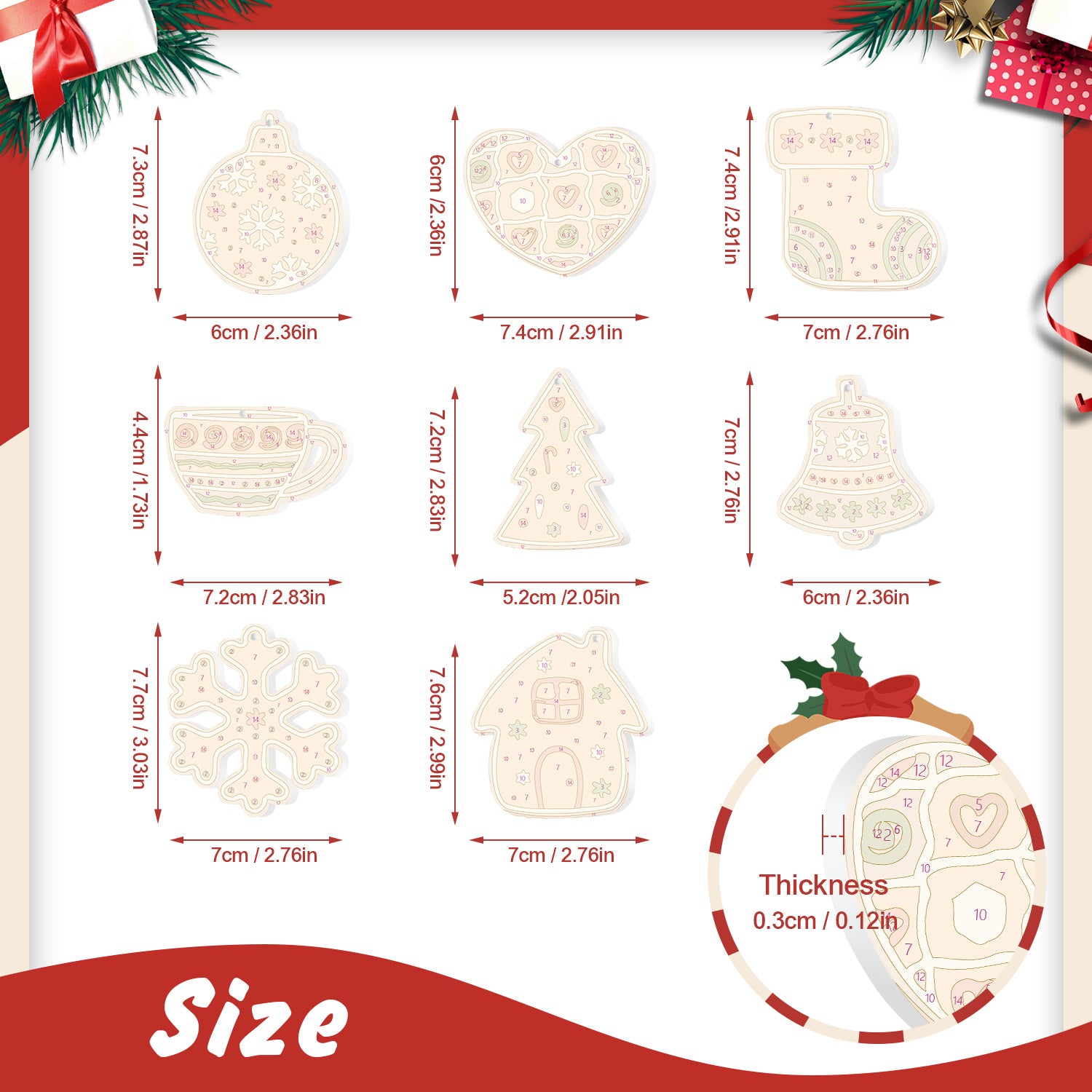 Measurement chart of Christmas-themed cookies with dimensions and thickness details.