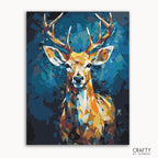 A paint by numbers kit depicting a prismatic deer with vibrant colors on a blue background, crafted by the brand Crafty by Numbers.