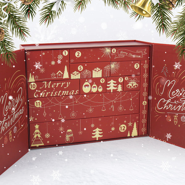 Red advent calendar with Christmas-themed designs on a snowy background