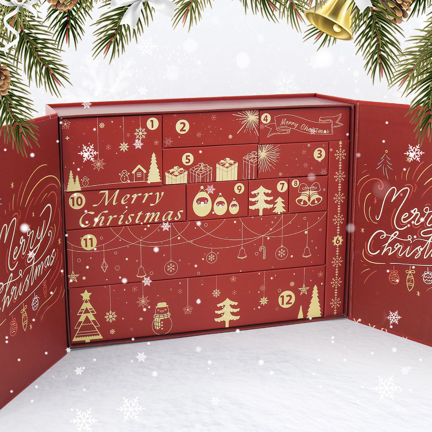 Red advent calendar with Christmas-themed designs on a snowy background