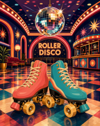 Coral and turquoise roller skates beneath a disco ball in a neon-lit roller rink.
