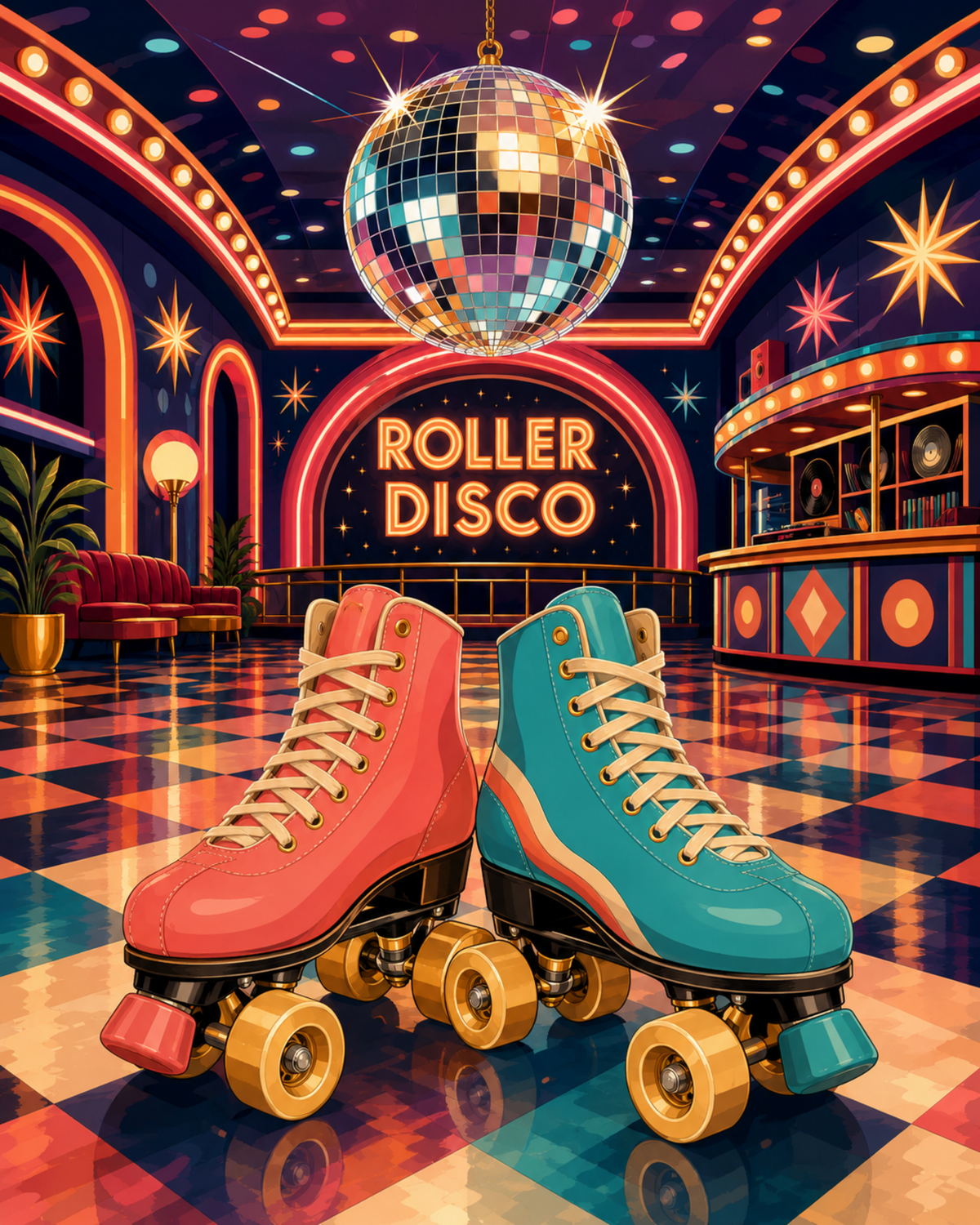 Coral and turquoise roller skates beneath a disco ball in a neon-lit roller rink.