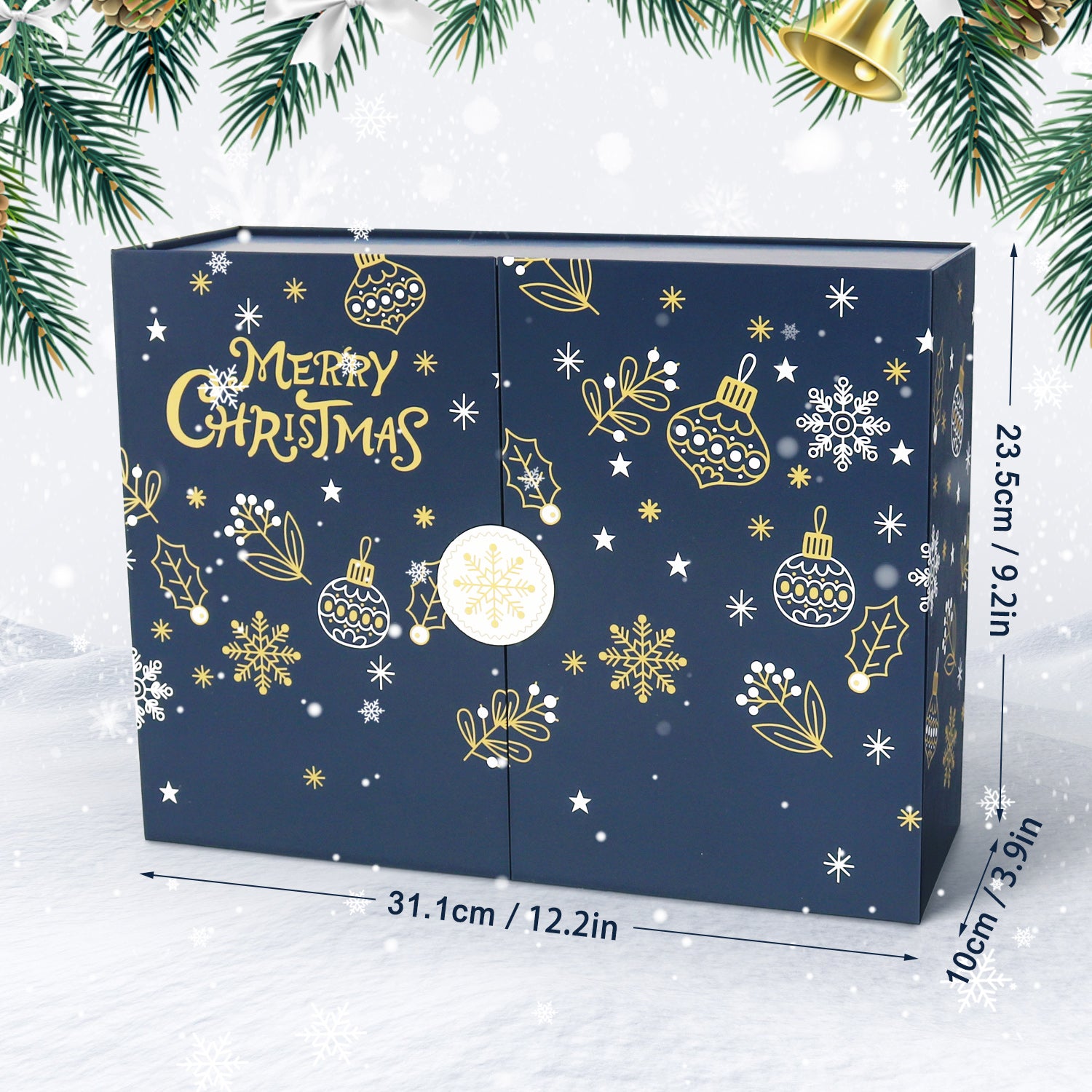 Blue Christmas-themed packaging box with gold decorations on a snowy background