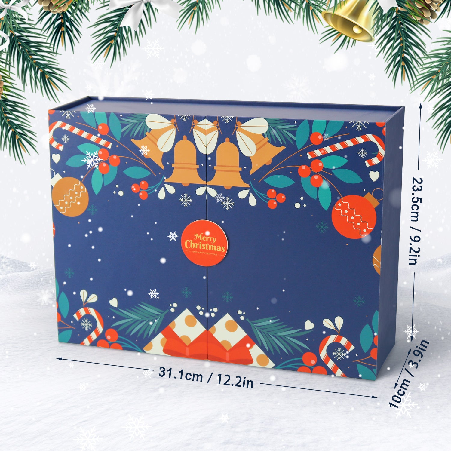 Christmas-themed box with festive patterns and measurements on a snowy background