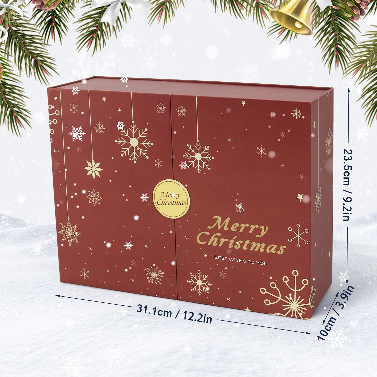 Red Christmas gift box with gold snowflakes and 'Merry Christmas' text, surrounded by festive decorations.