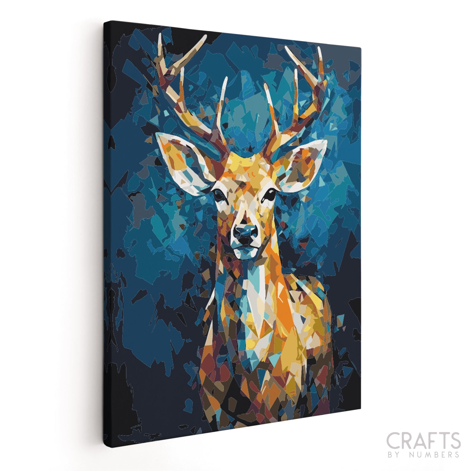 A paint by numbers kit depicting a prismatic deer with vibrant colors on a blue background, crafted by the brand Crafty by Numbers.
