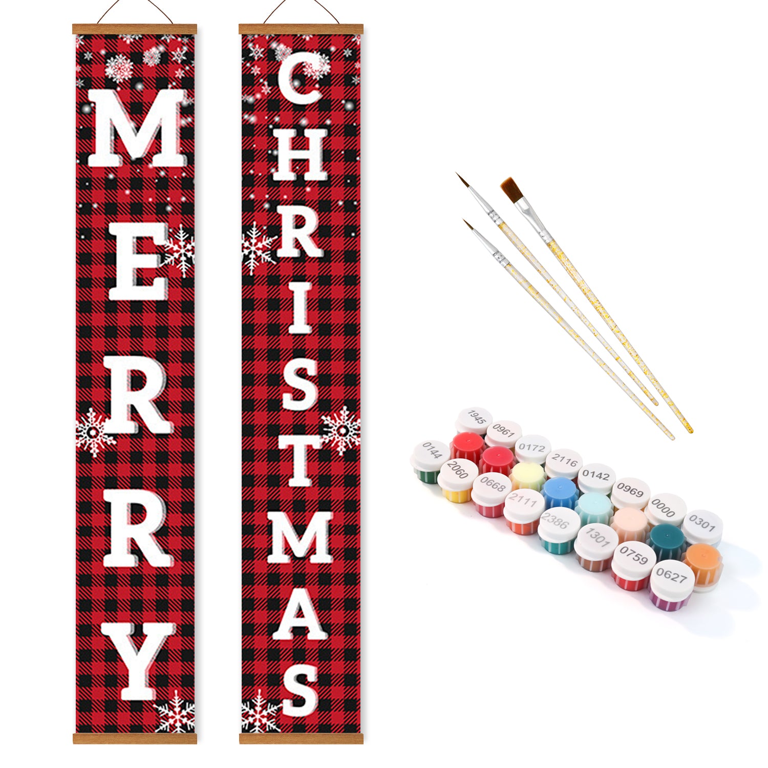Two Christmas-themed banners with paint supplies on a white background