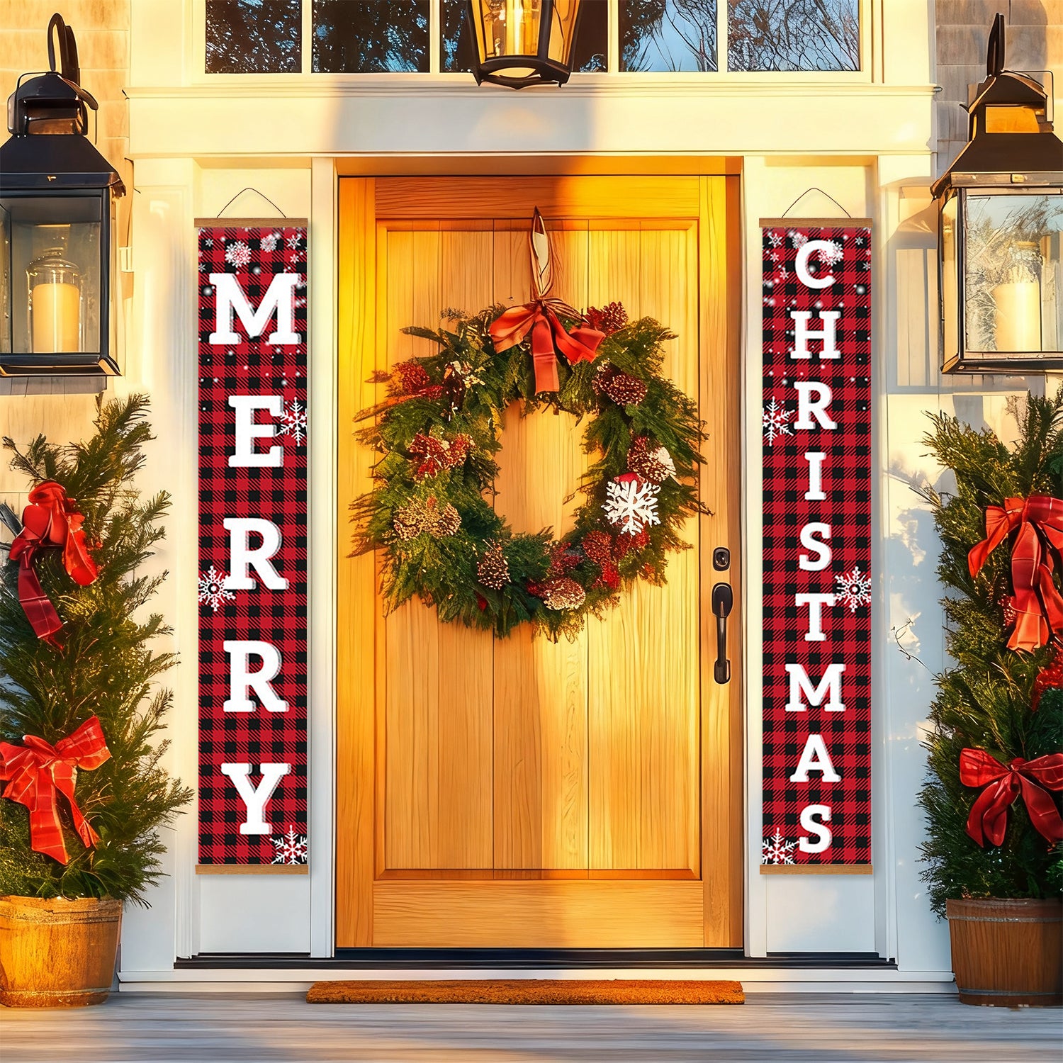 Decorative Christmas door with wreath, potted trees, and 'Merry Christmas' banners.