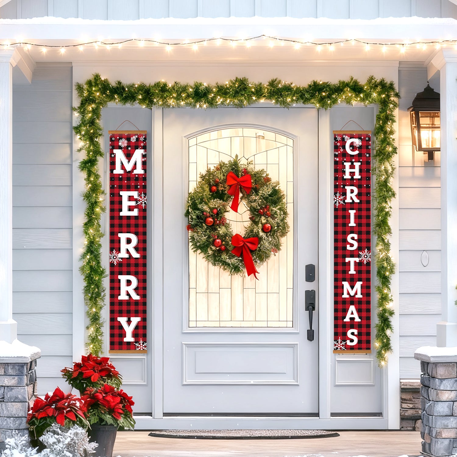 Decorative Christmas banners on a door with wreath and garland