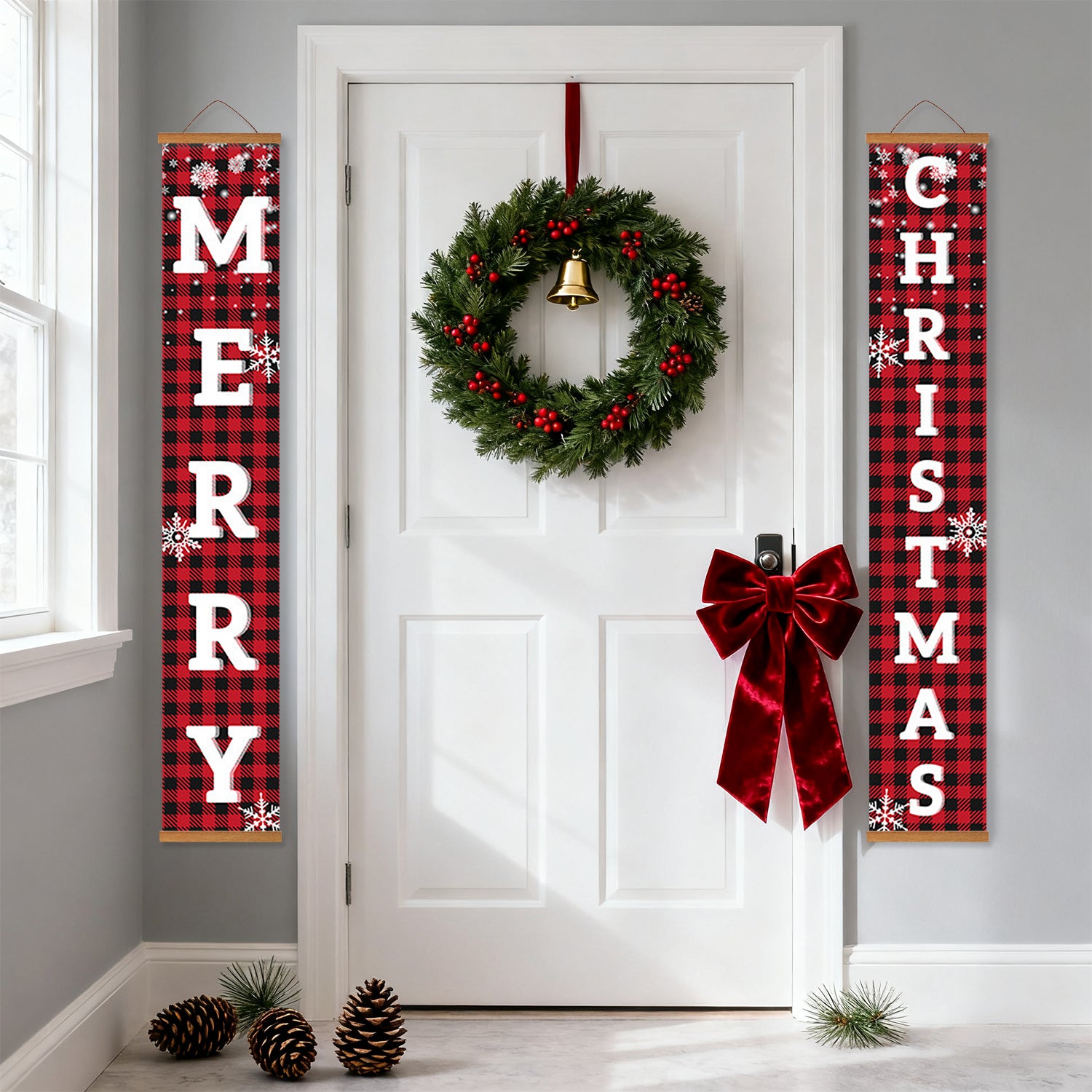 Decorative Christmas wreath with red bow on a white door, flanked by 'Merry Christmas' banners.