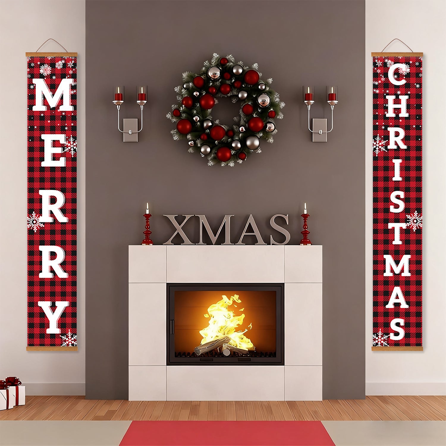 Decorative Christmas scene with a fireplace, wreath, and festive banners.
