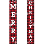 Two vertical Christmas banners with red and black plaid pattern and white text spelling 'Merry Christmas'.