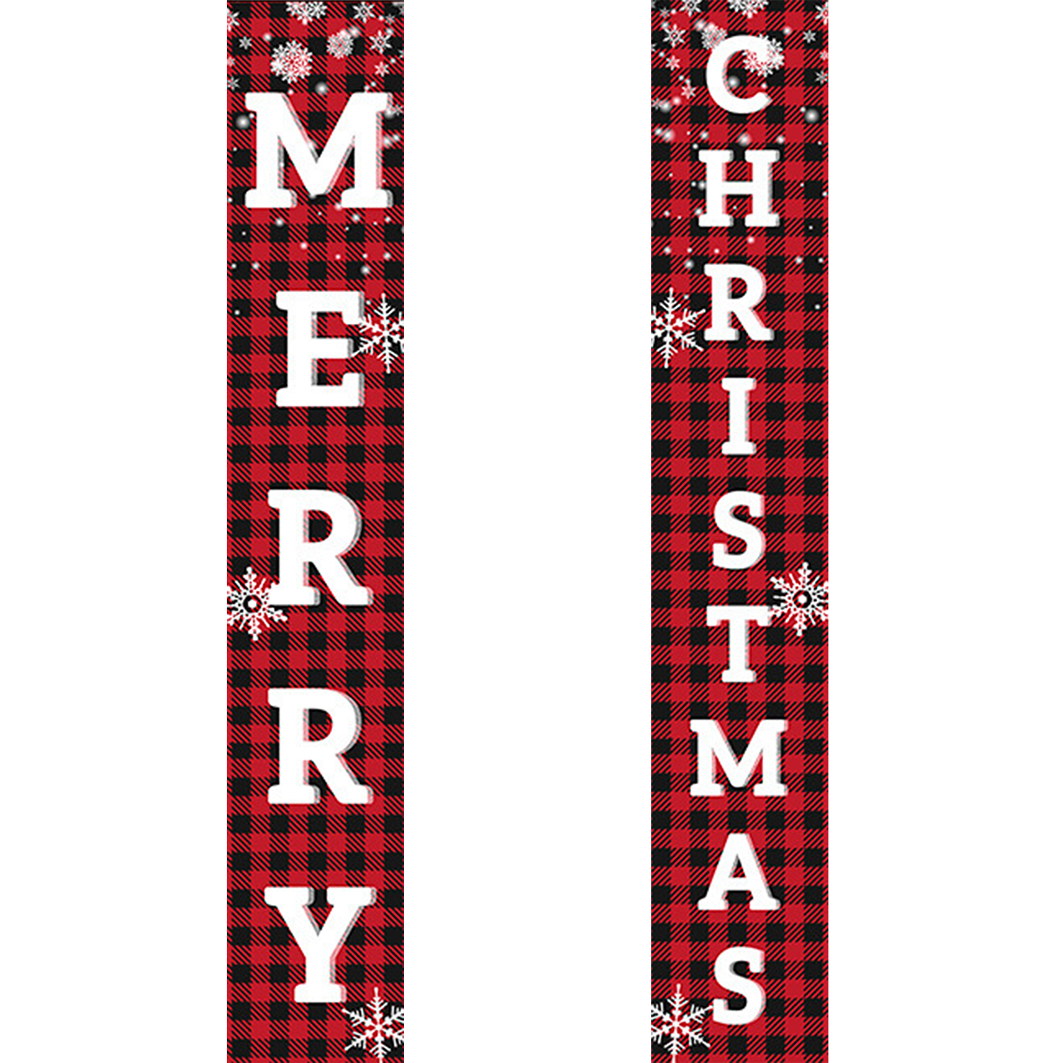 Two vertical Christmas banners with red and black plaid pattern and white text spelling 'Merry Christmas'.