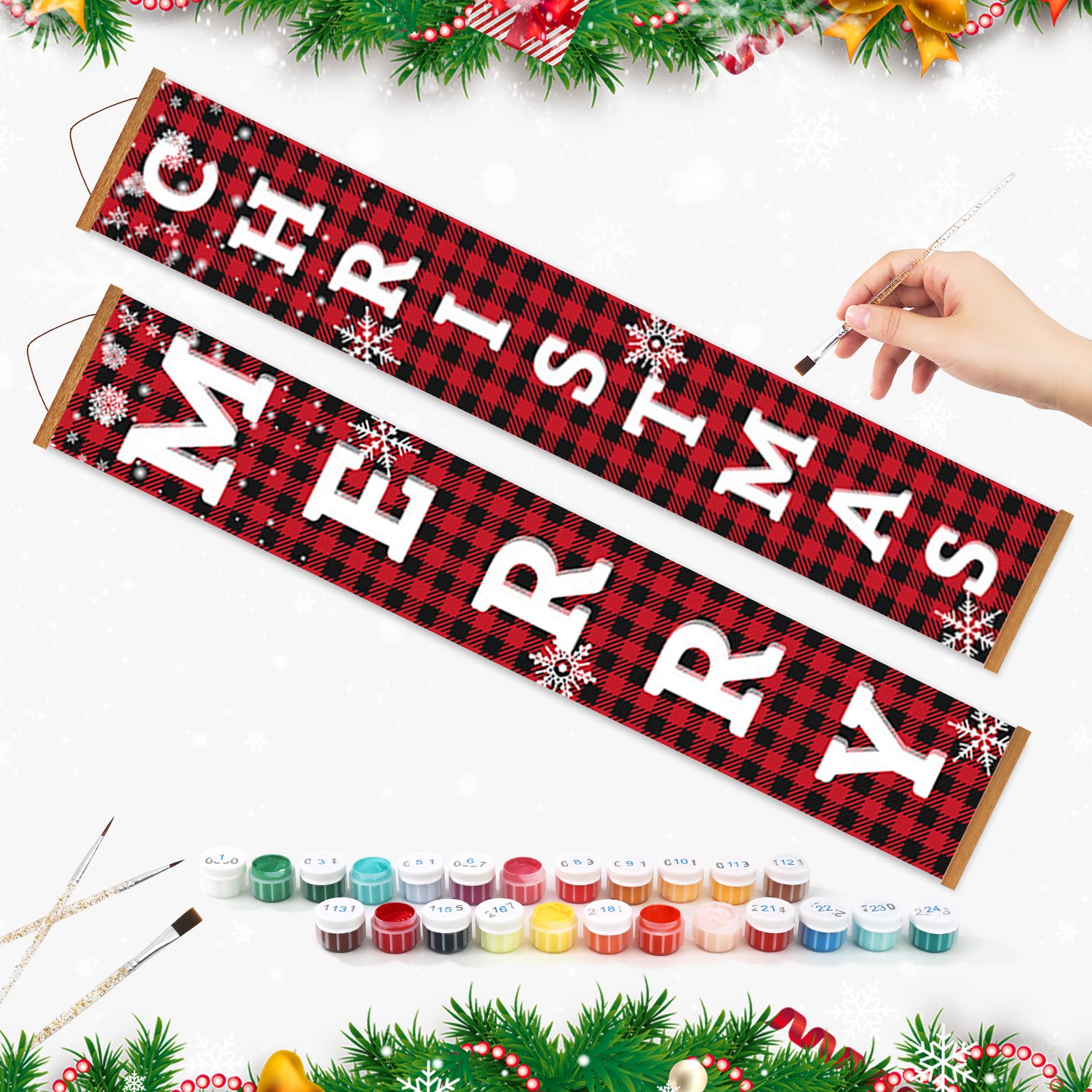 Red and black checkered 'Merry Christmas' banner with decorative elements on a white background.