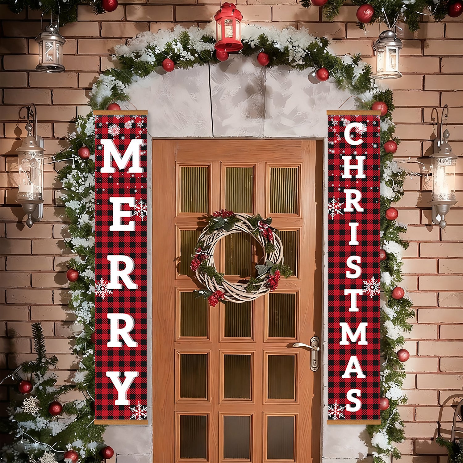 Decorative Christmas door with plaid 'Merry Christmas' signs, wreath, and garland.