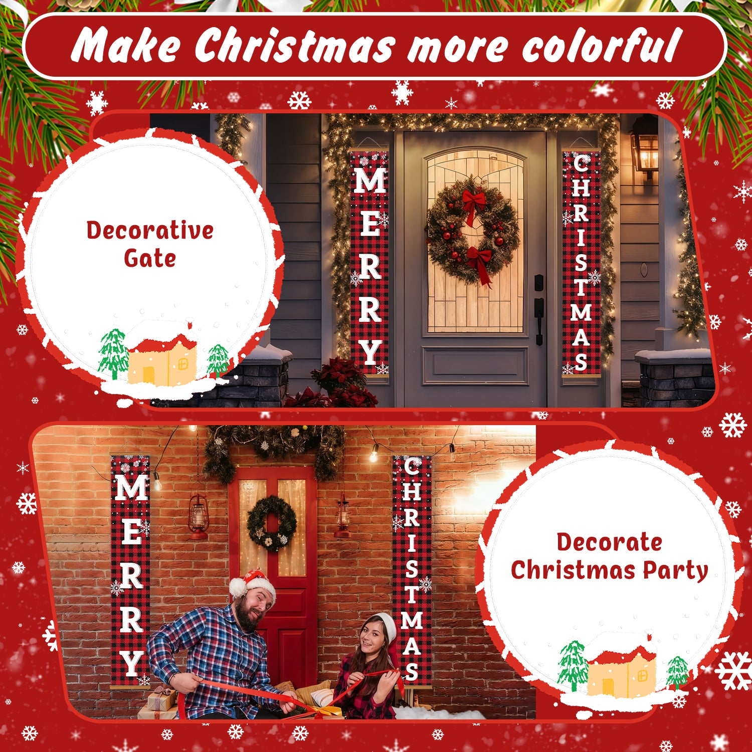Decorative Christmas gate with 'Merry Christmas' banners and wreath, people celebrating inside.