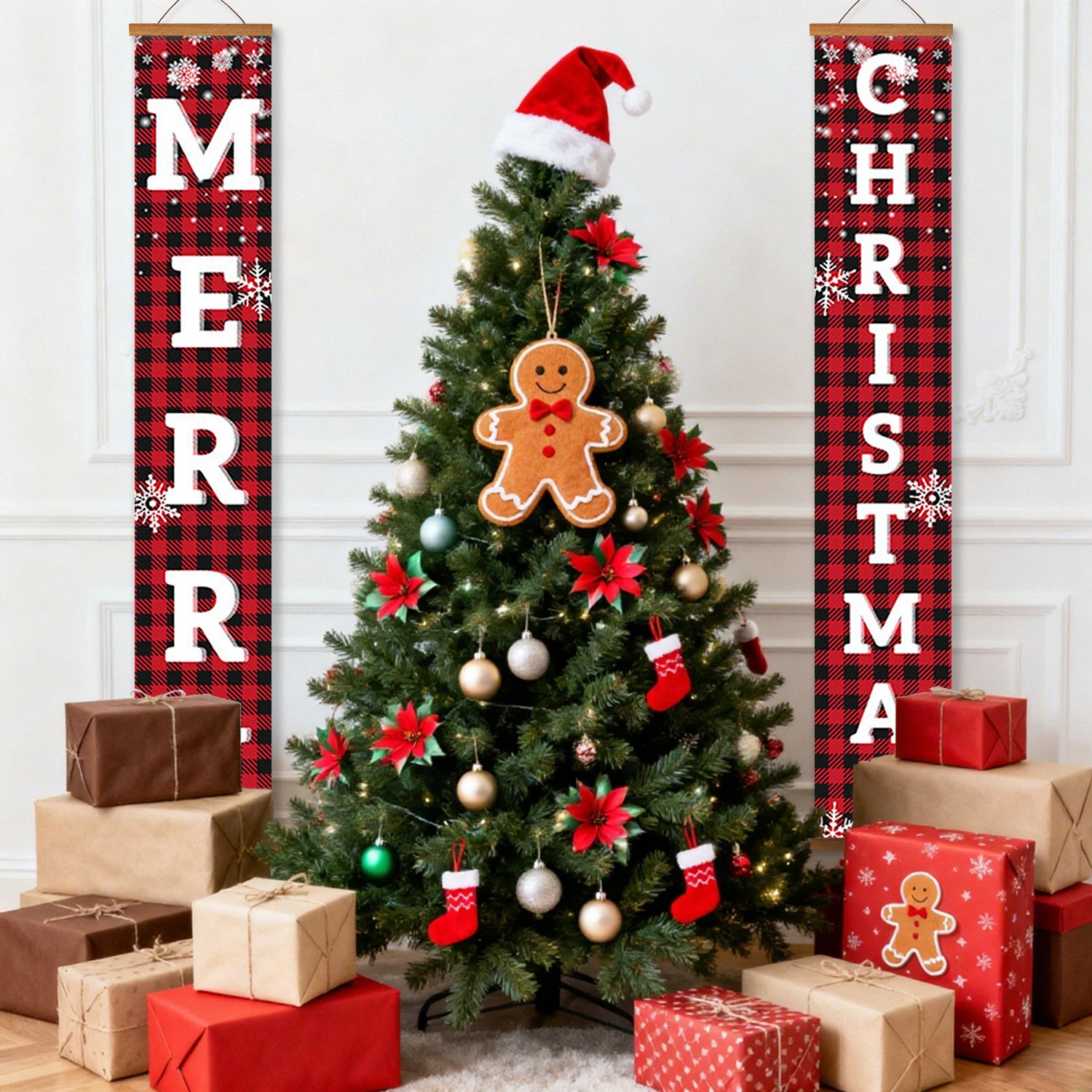 Decorated Christmas tree with ornaments and presents, flanked by 'Merry Christmas' banners.