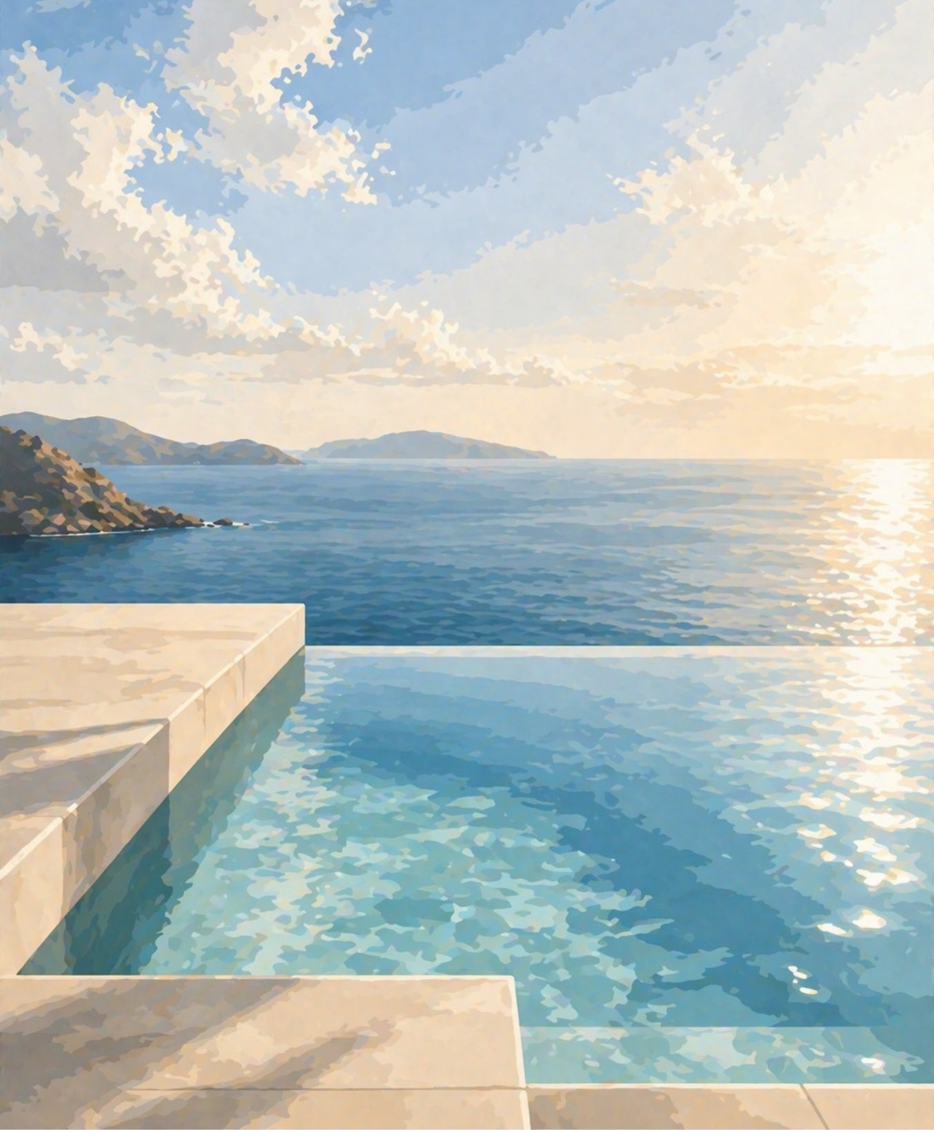 Infinity pool overlooking a scenic ocean view with mountains in the distance.