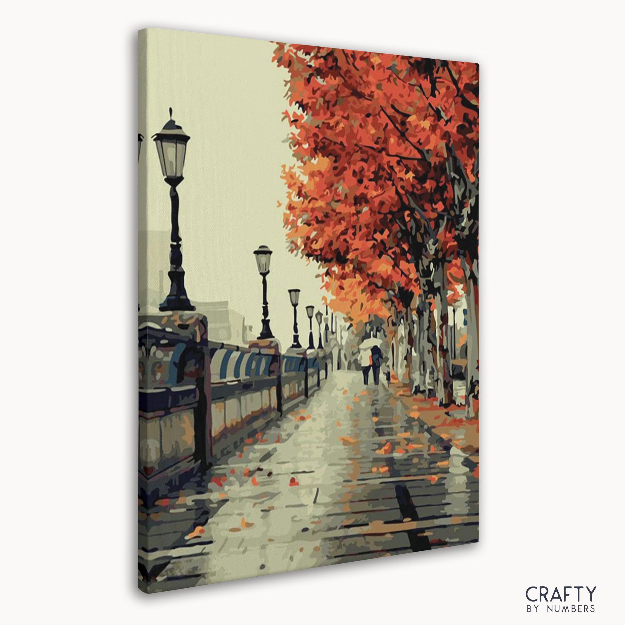 DIY painting by numbers canvas featuring autumn rain in the park