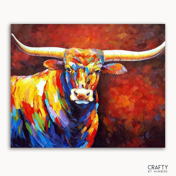 A colorful painting of a Texas Longhorn with a vibrant red and orange background.