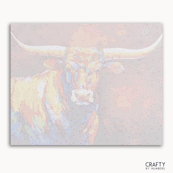 Texas Longhorn paint by number featuring famous paintings and famous landscape paintings with vibrant colors.