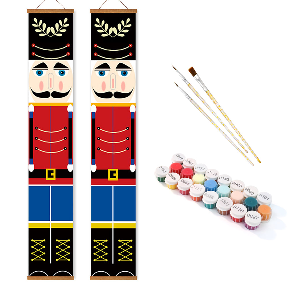Two nutcracker-themed growth charts with paintbrushes and paint samples on a white background