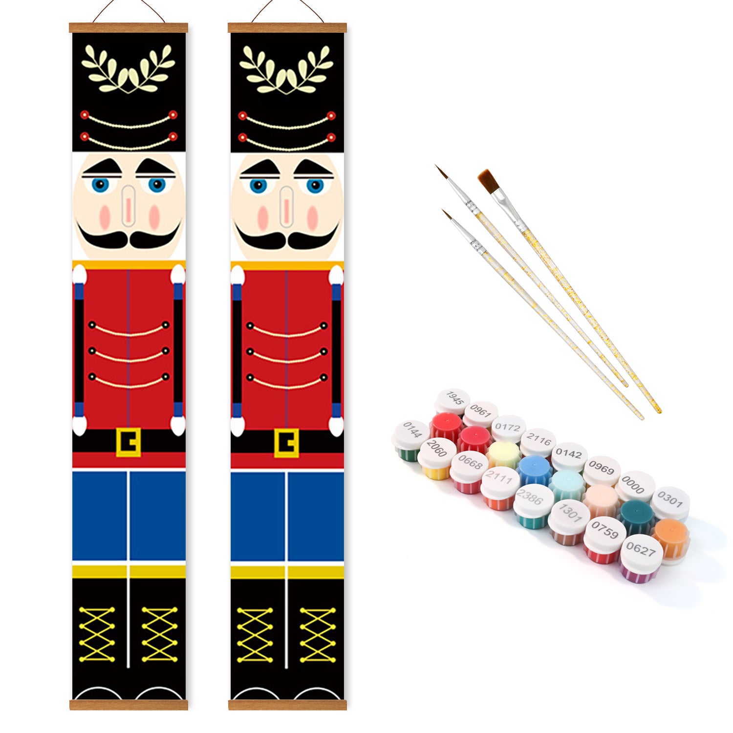 Two nutcracker-themed growth charts with paintbrushes and paint samples on a white background