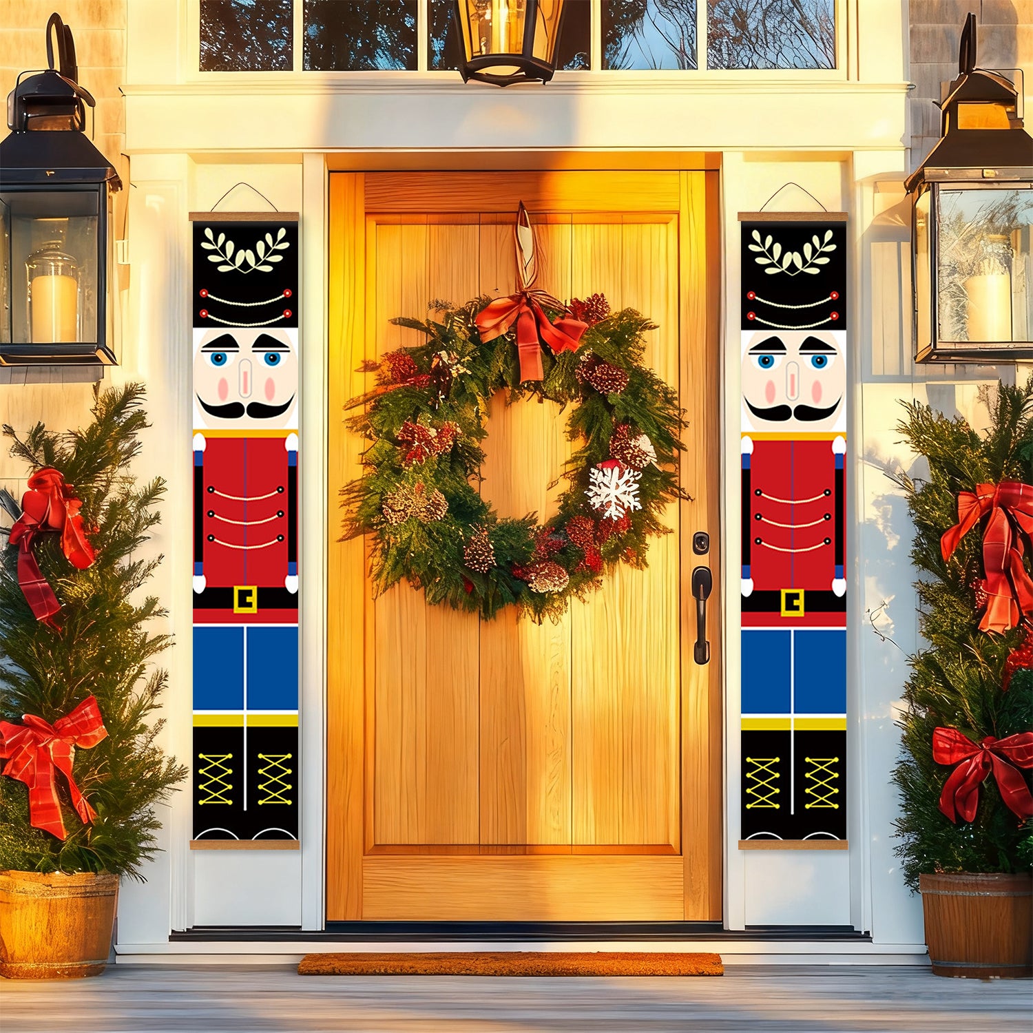 Front door with Christmas wreath and nutcrackers on a house exterior