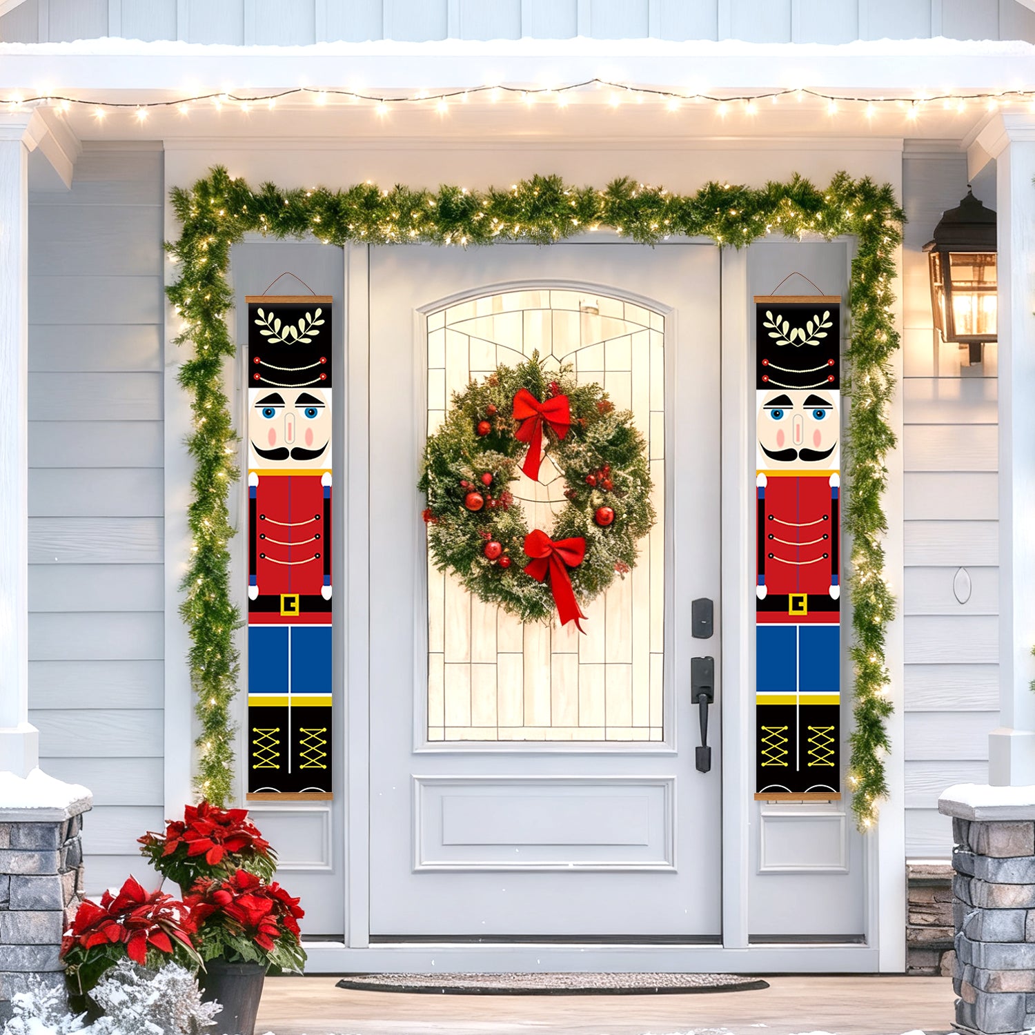 Decorative Christmas door with wreath, garlands, and nutcracker banners.