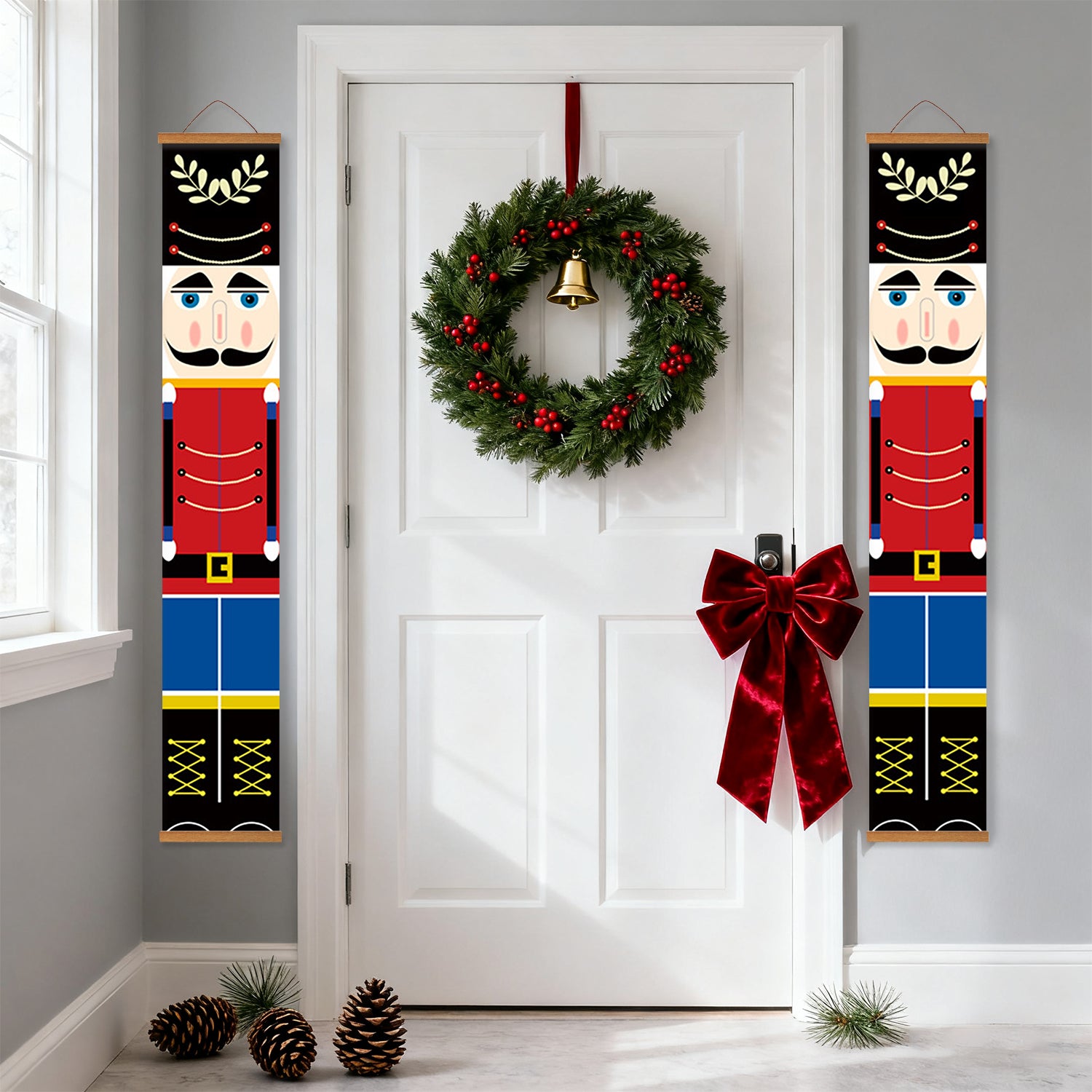 Decorative door with wreath, bow, and nutcracker panels on a gray wall.