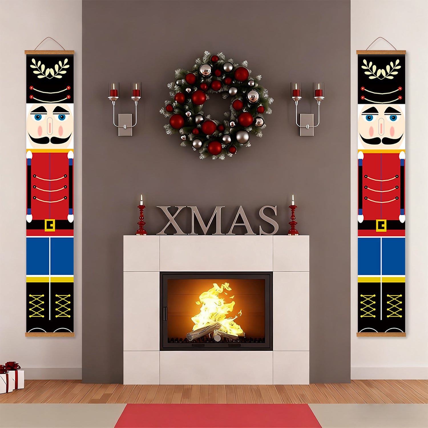 Decorated living room with a fireplace, wreath, and Christmas-themed decor.