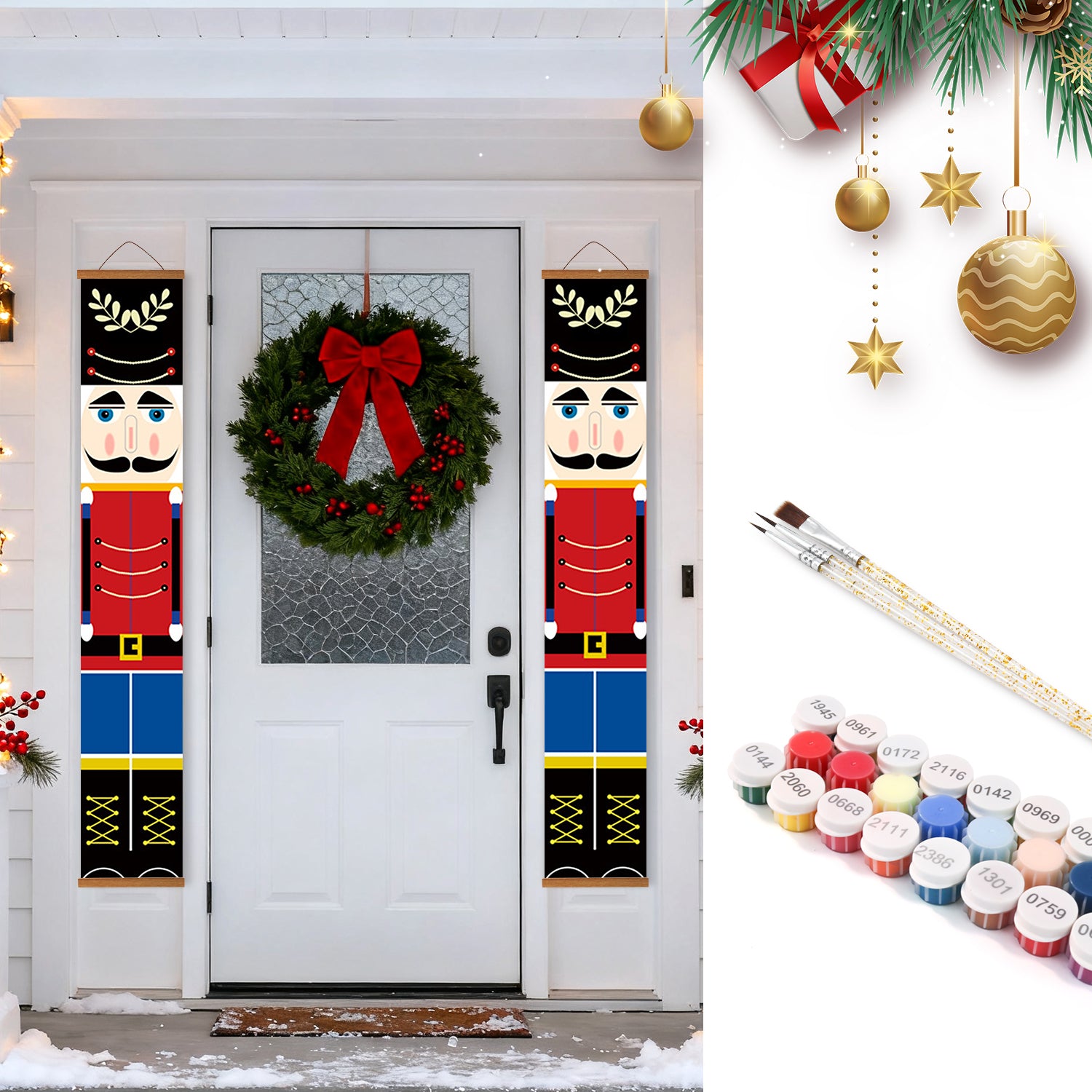 Decorative nutcracker banners on a door with a wreath, surrounded by Christmas decorations and paint supplies.