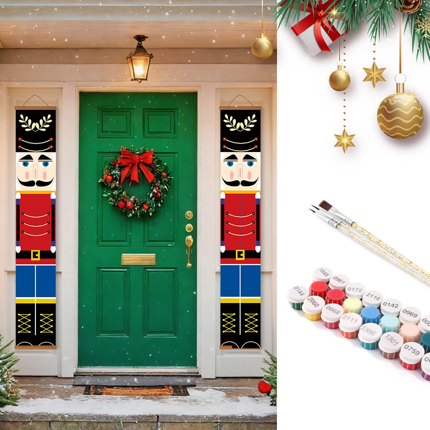 Decorative Christmas door with nutcracker banners and wreath, paint cans and brushes on a white background.