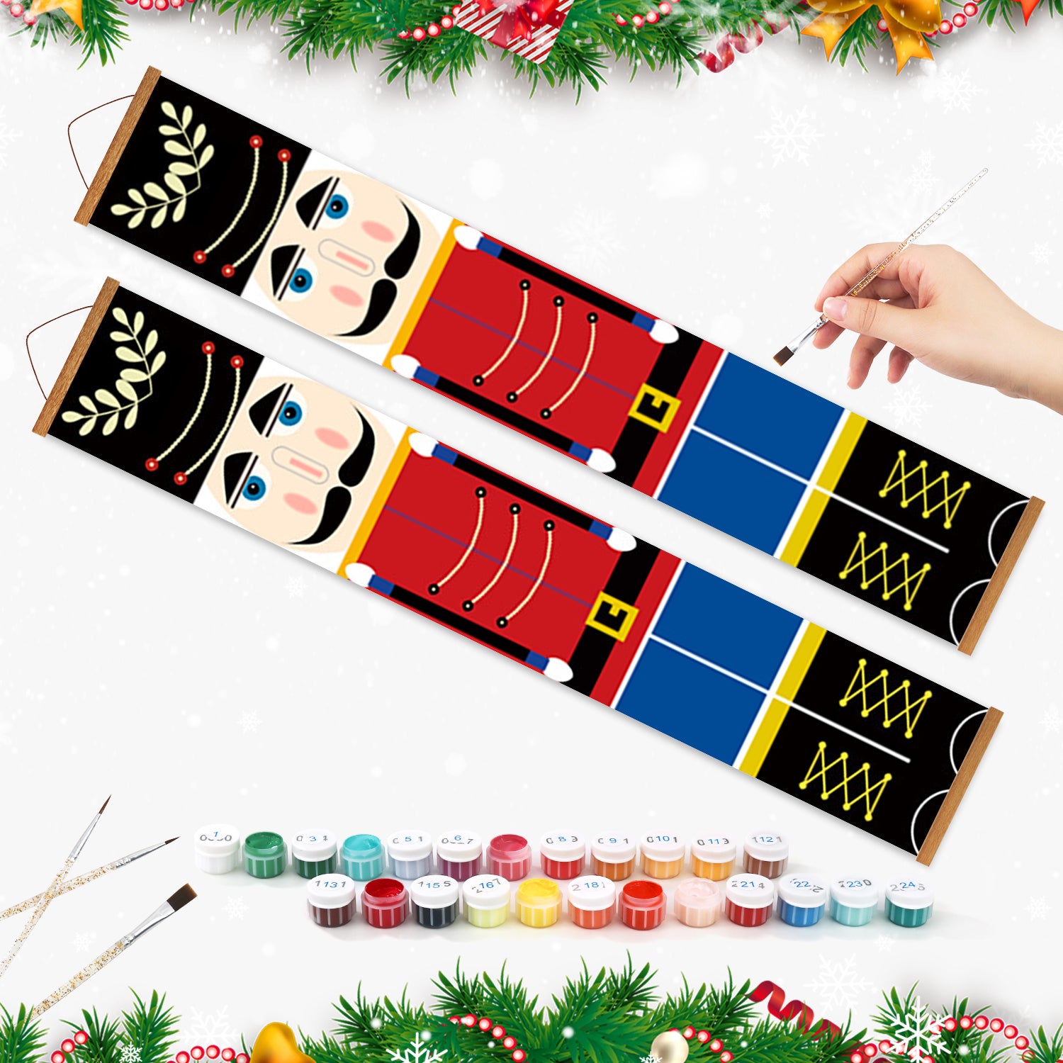 Decorative panels with Nutcracker design, paint cans, and brushes on a white background.