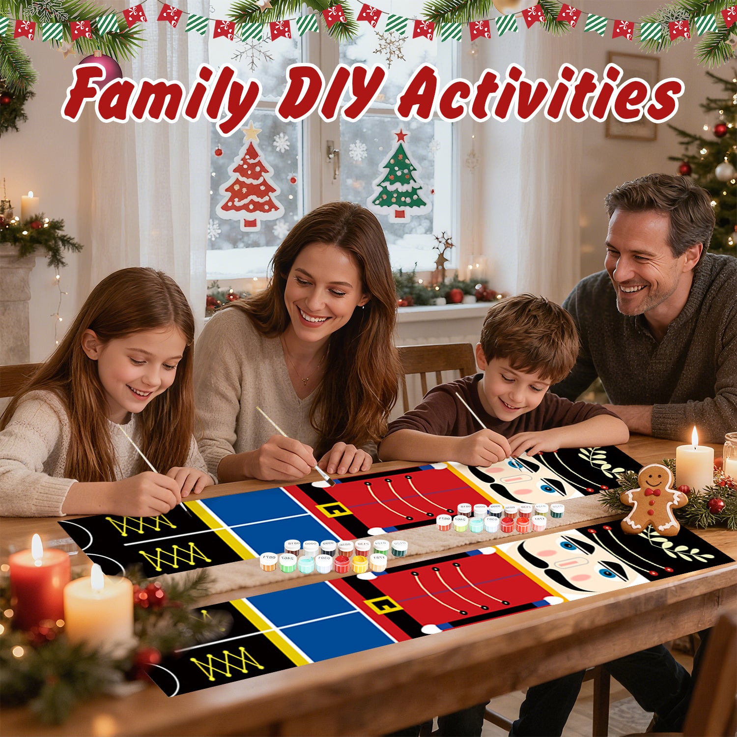 Family engaged in a craft activity with Christmas decorations in the background