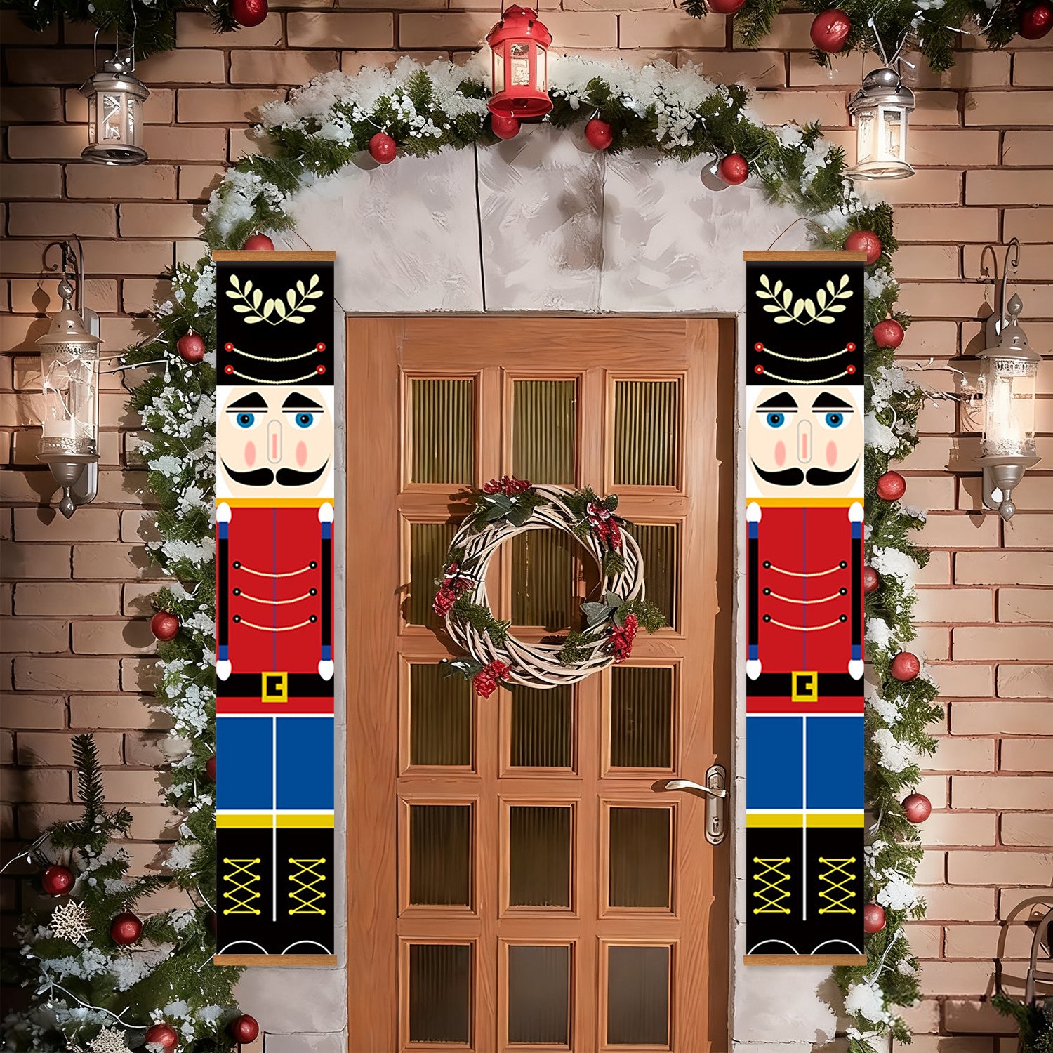 Decorative nutcracker panels on a door with Christmas wreath and lights.