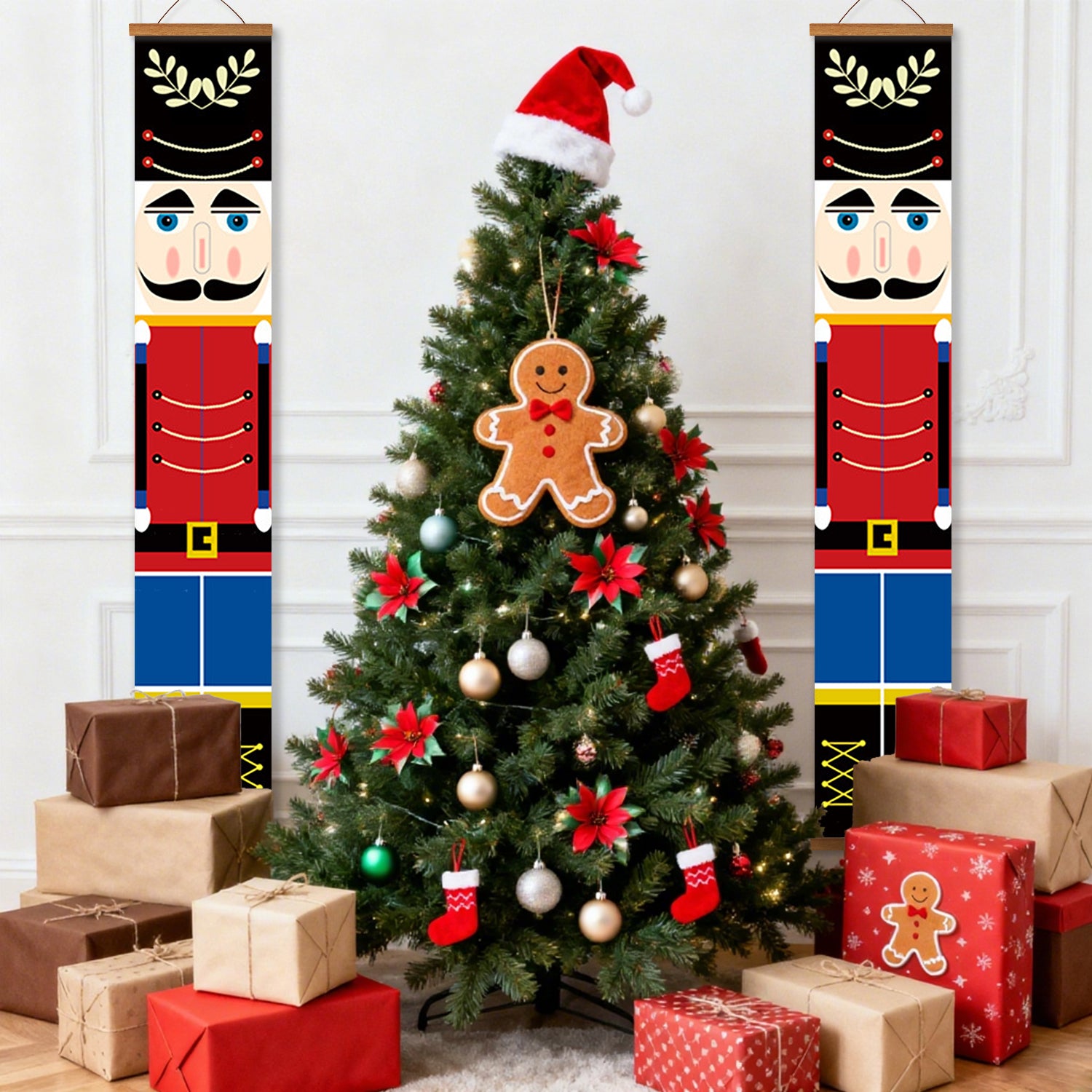 Decorated Christmas tree with ornaments and presents, flanked by nutcracker banners.