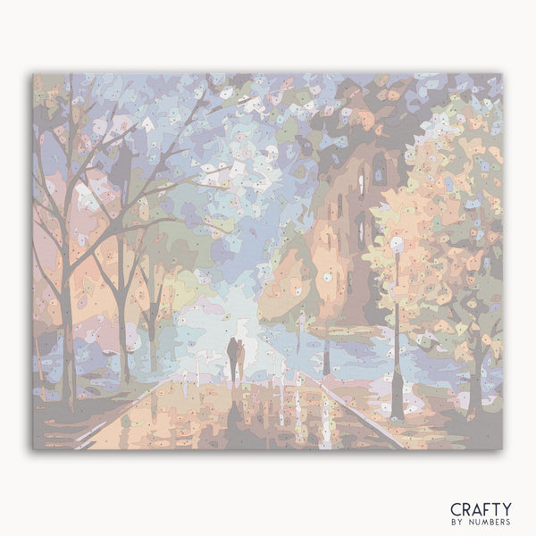 Romantic Walk in the Rain paint-by-numbers canvas with numbered sections
