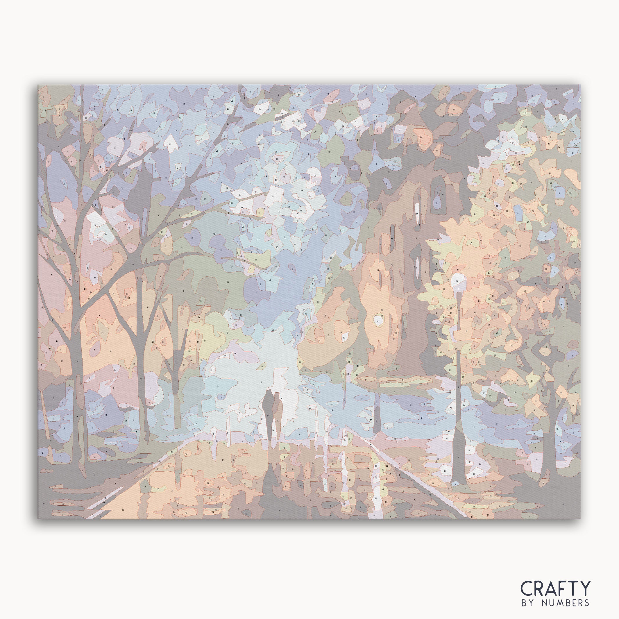 Romantic Walk in the Rain paint-by-numbers canvas with numbered sections