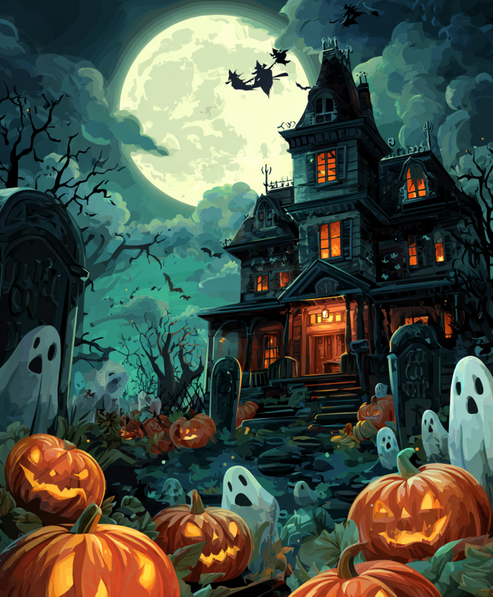 Spooky Halloween scene with a haunted house, pumpkins, and ghosts under a full moon.