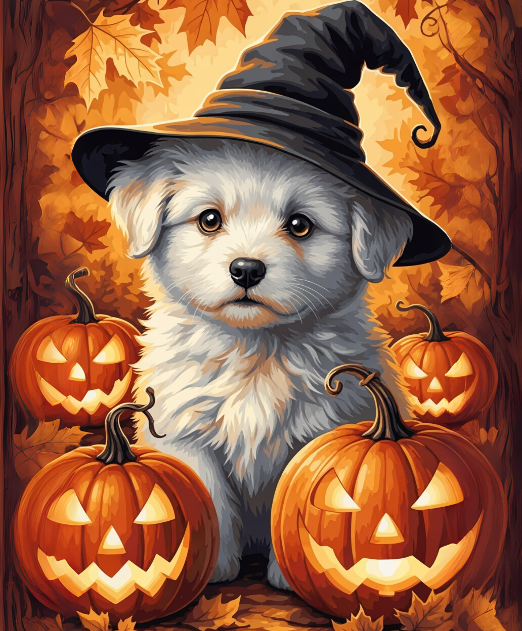 Puppy wearing a witch hat with pumpkins and autumn leaves in the background