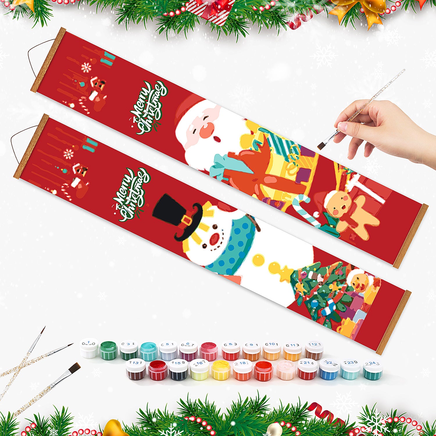 Christmas-themed painting set with colorful paints and a hand holding a brush.